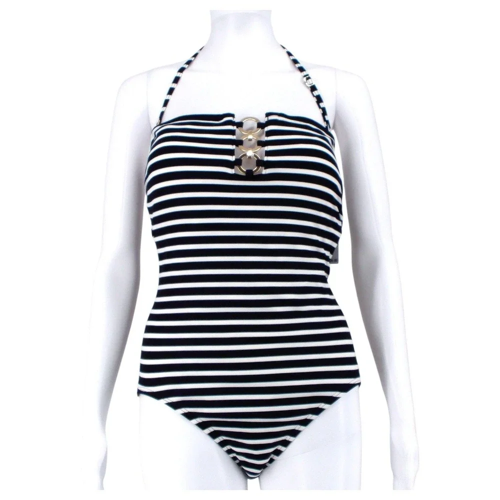 Michael Kors Swimsuit Womens 12 One Piece Halter Monokini Stripe Black White